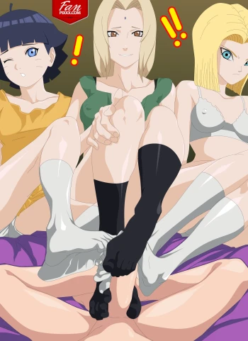 Android 18 and Tsunade and Himwari giving a Sockjob to Boruto all girls have diffrent color socks on and they all look suprised